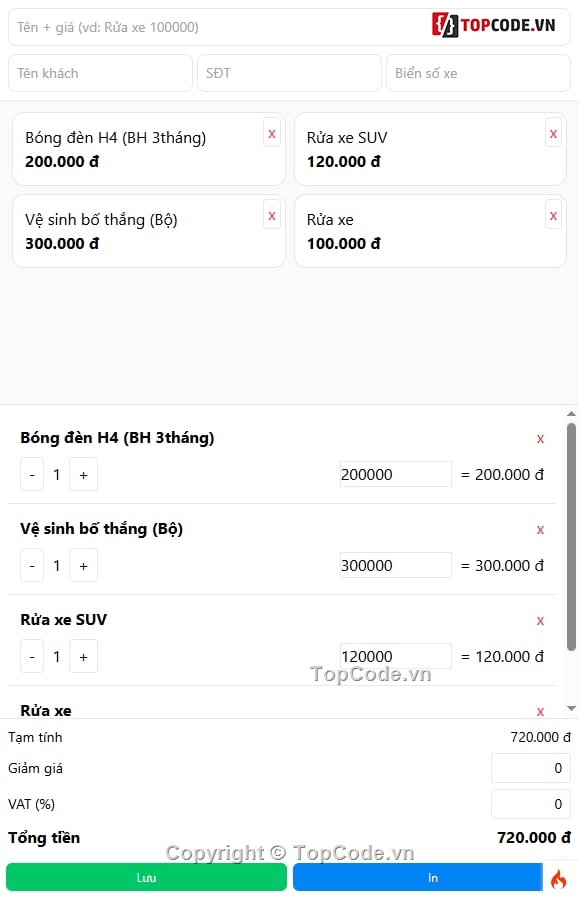 Pos in hóa đơn,Tạo và in hóa đơn nhanh,H óa đơn cho gara